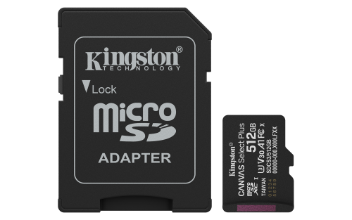 Kingston Technology 512GB microSDXC Canvas Select Plus Gen3 150MB/s A1 (Incluye adaptador de SD) 0740617348552 | P/N: SDCS3/512GB | Ref. Artículo: 1400991