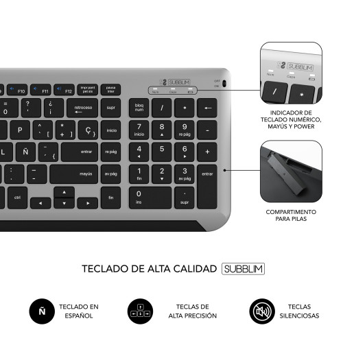 SUBBLIM Teclado con Ratón Bluetooth + 2.4G Combo Dual Prestige Extendido Gris/Negro - Imagen 6