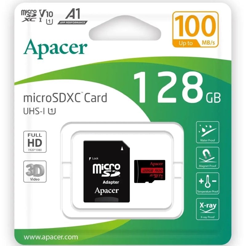 Tarjeta de Memoria Apacer 128GB XC UHS 1 con Adaptador/ Clase 10/ 100MBs 4712389920904 AP128GMCSX10UB-R APA-MICROSD 128GB AP128GMCSX