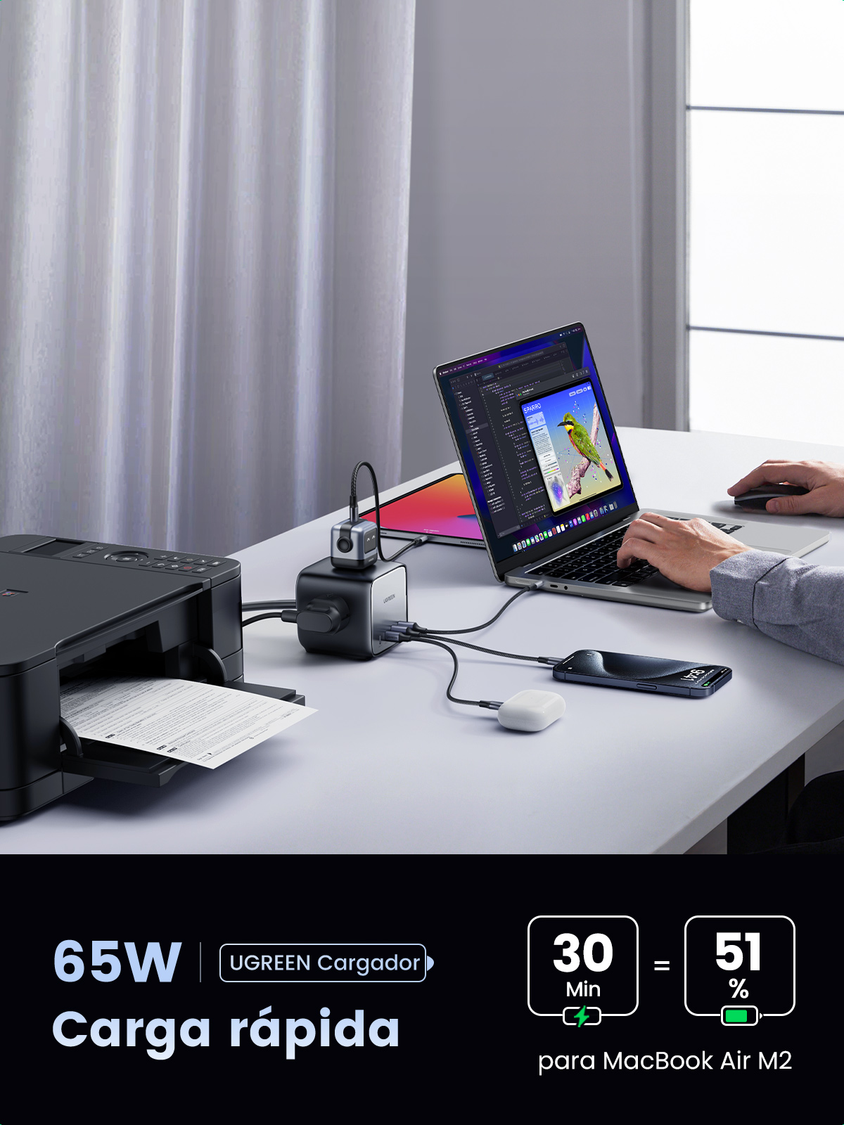 UGREEN ESTACIÓN DE CARGA NEXODE DIGINEST USB C GAN 65 W. 7 EN 1: 3 SALIDAS CA. 2USB C. 2USB A, CABLE 1.8M - Imagen 9