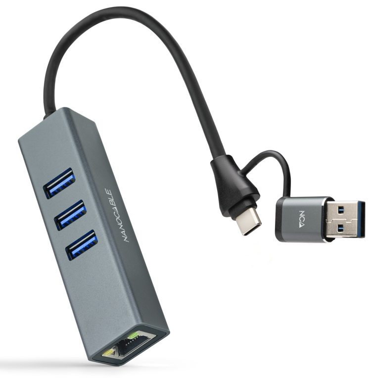 HUB NANOCABLE 10.03.0412 USB-C+USB-A 3.0 ETHERNET 3XUSB-A 3.0 GRIS 8433281017122 10.03.0412